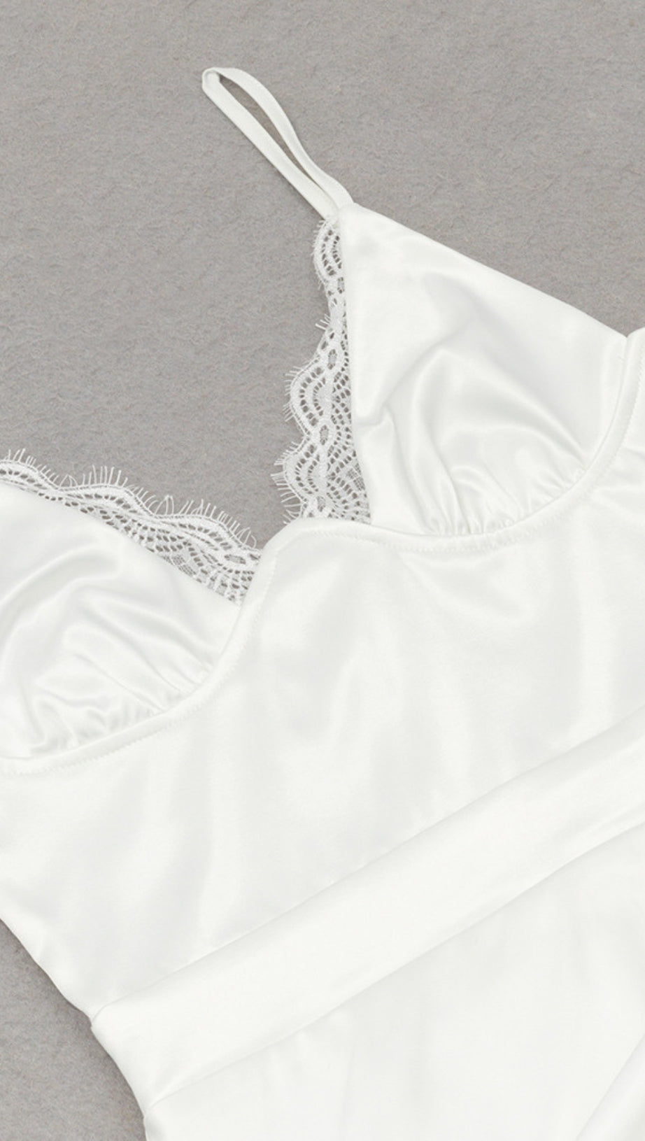 LACE - TRIMMED RUCHED ASYMMETRIC MIDI DRESS IN WHITE