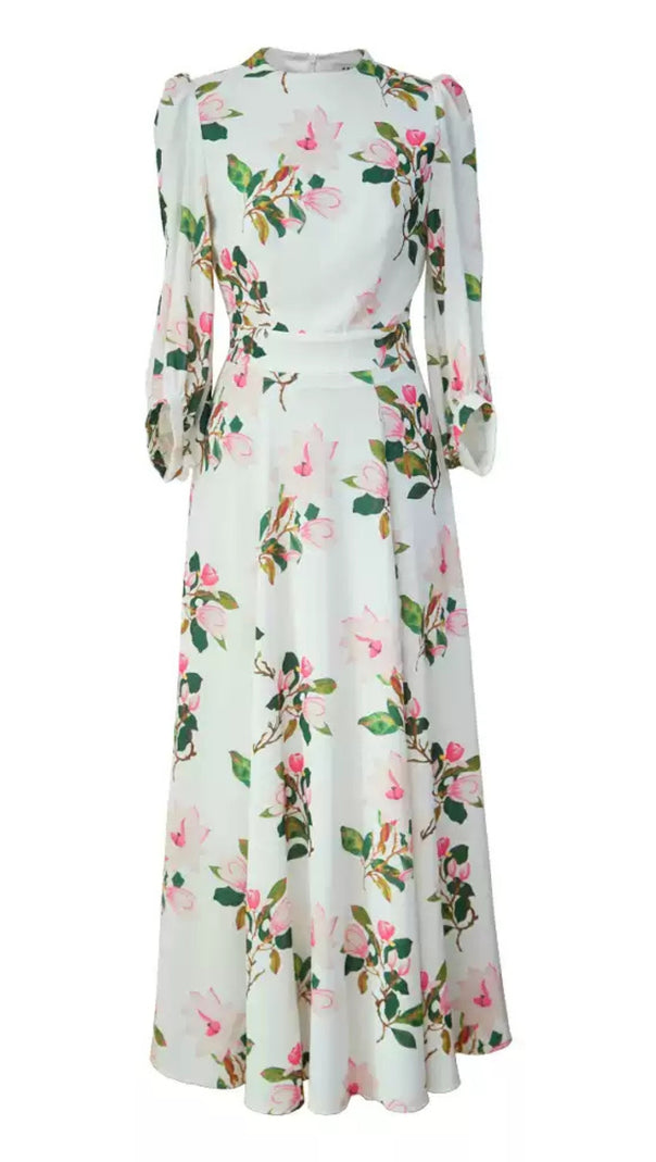 AIIZIE WHITE VINTAGE COURT - STYLE HIGH - NECK FLORAL CHIFFON MAXI DRESS - product image