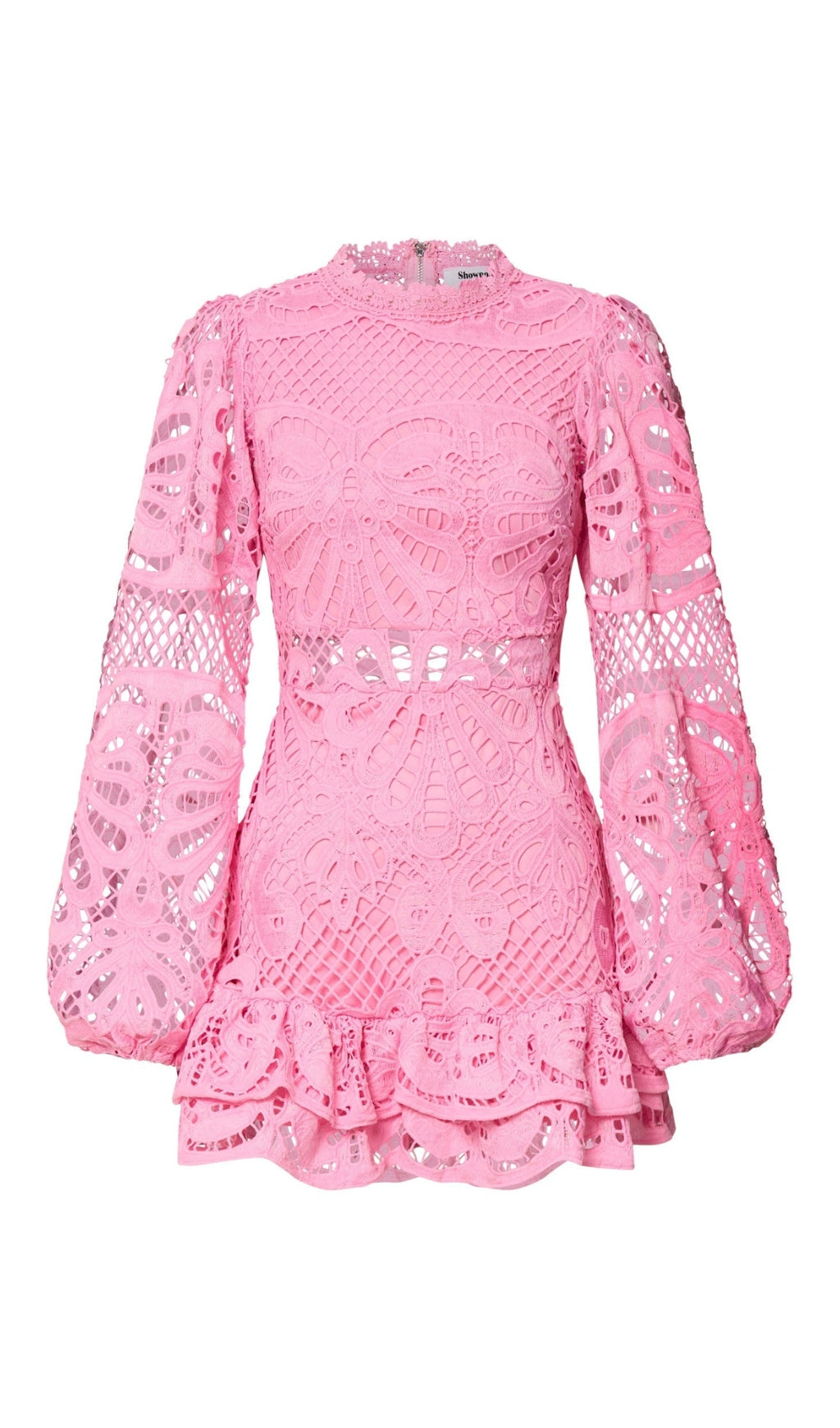 MINI ABITO IN PIZZO CON MANICHE A SBUFFO LUNGHE ROSA