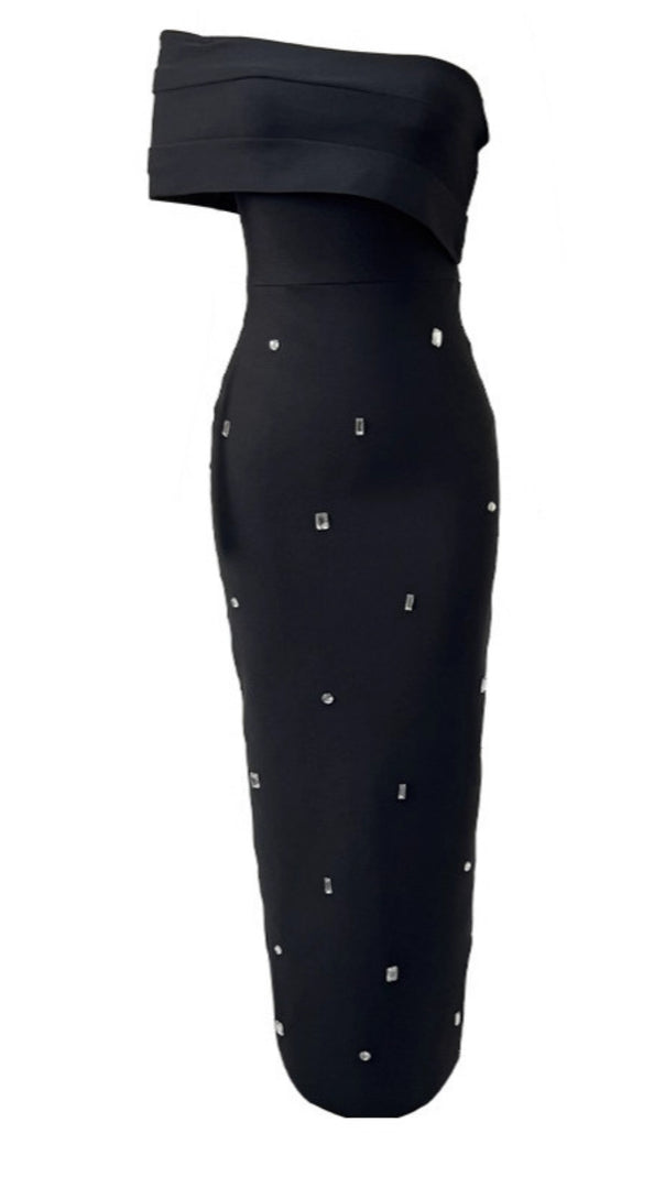 AIIZIE OFF SHOULDER RHINESTONE EMBELLISHED MIDI DRESS IN BLACK - product image