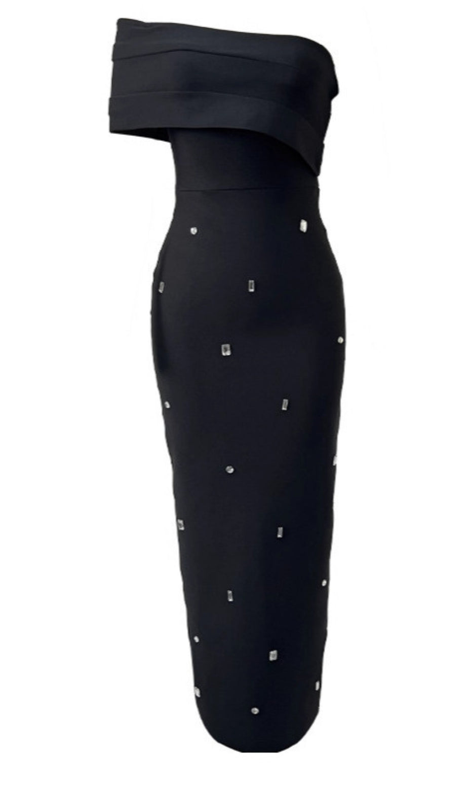 Abito midi con spalle scoperte e strass nero