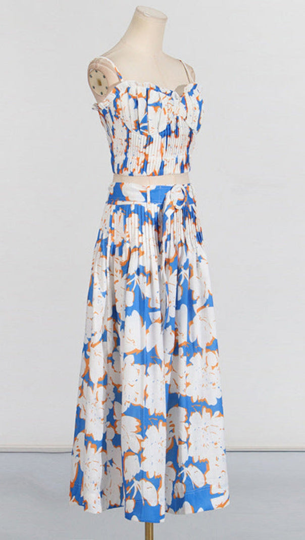 AIIZIE PLEATED FLORAL-PRINT LINEN BUSTIER TOP SKIRT SET IN BLUE - product image
