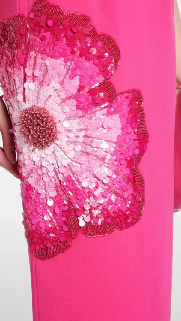 AIIZIE SEQUIN FLOWER EMBELLISHED PUFF SLEEVE MIDI DRESS IN PINK - product image