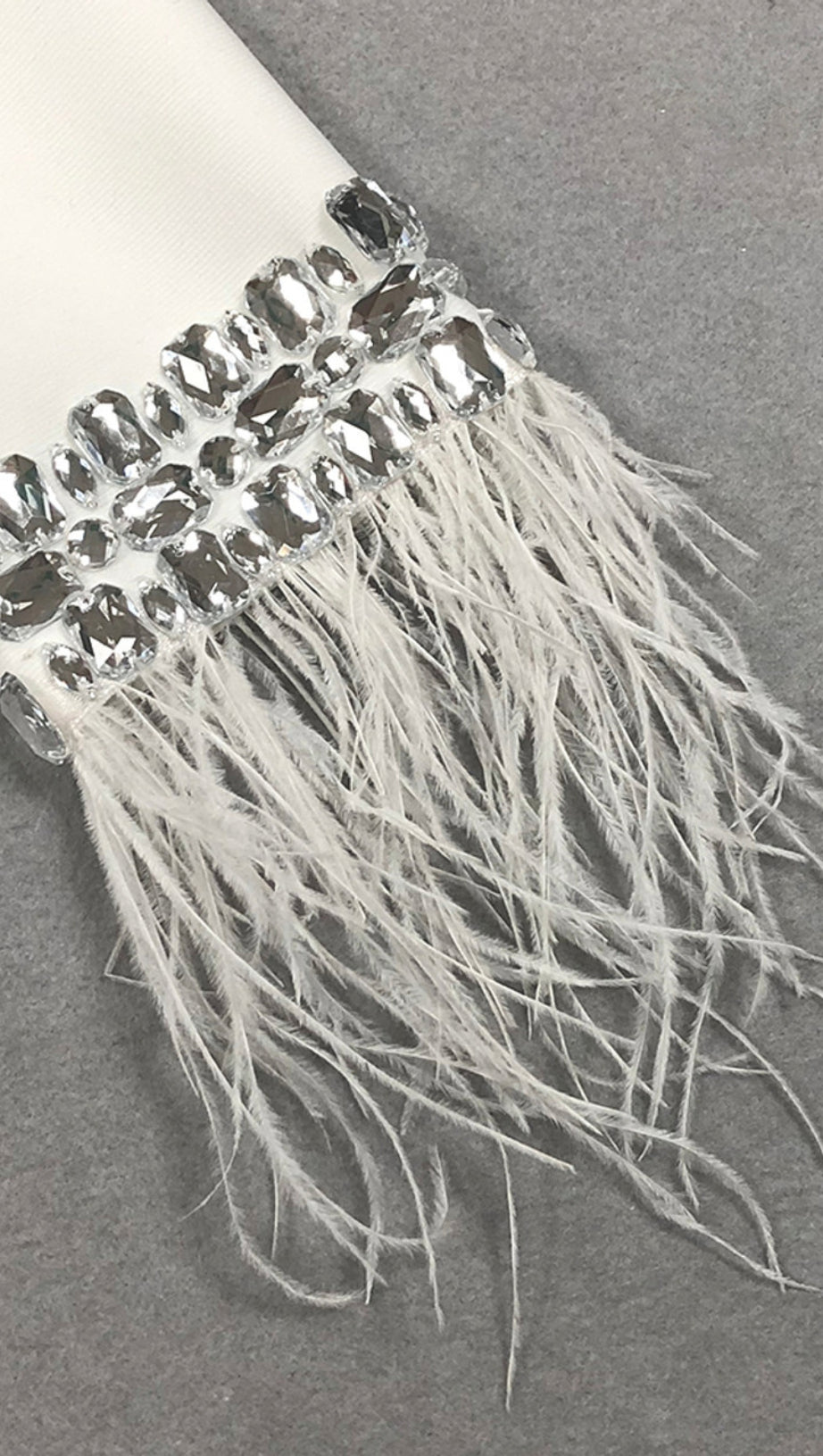 RHINESTONE - FEATHER RUFFLE - HEM LONG - SLEEVE MINI DRESS IN  WHITE