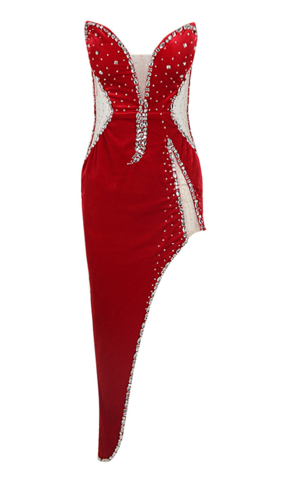 Rhinestone - Embellished Asymmetric Cutout Mermaid Dress in  Red