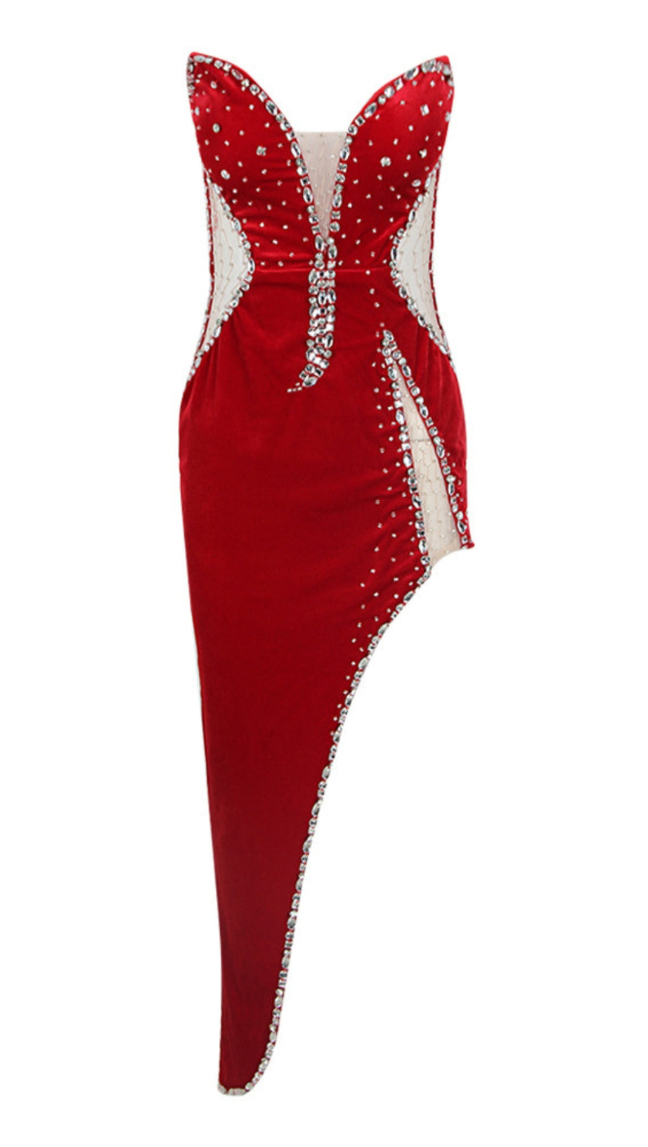 ABITO SIRENA CON STRASS E TAGLIO ASIMMETRICO IN ROSSO