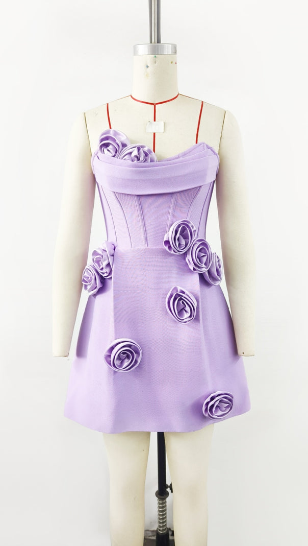 AIIZIE STRAPLESS FLOWER BANDAGE MINI DRESS IN PURPLE - product image