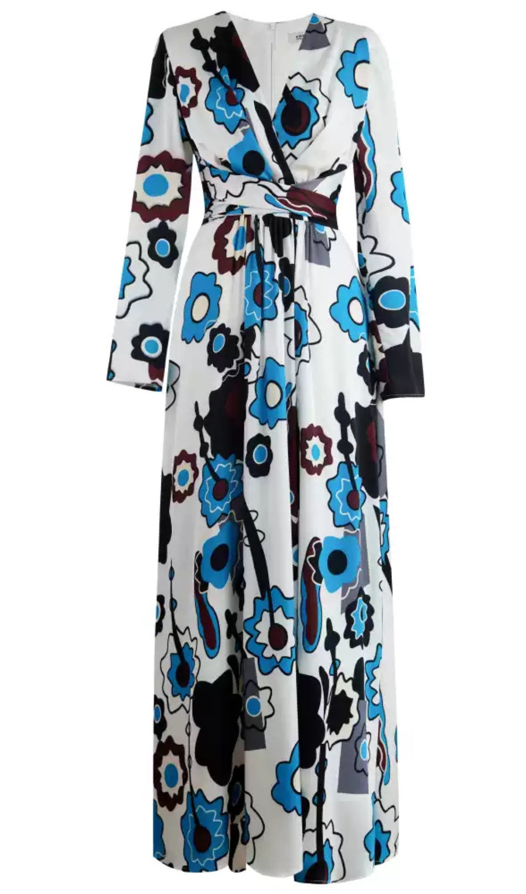 WHITE FLORAL PRINT WRAP MAXI DRESS WITH LONG SLEEVES