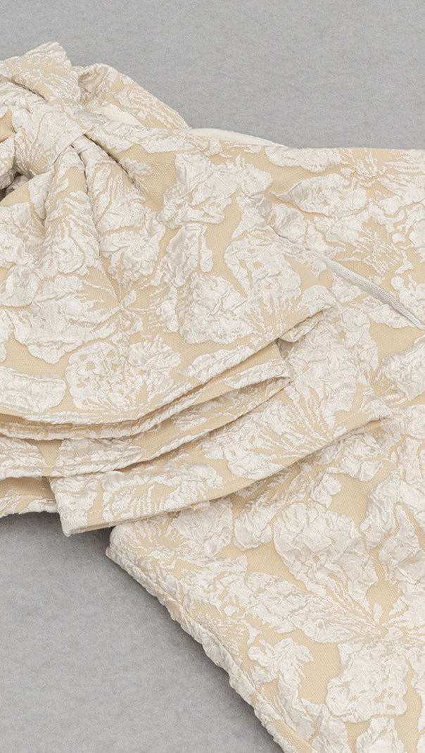AIIZIE ONE - SHOULDER RUFFLE - DETAIL MIDI DRESS IN BEIGE BROCADE - product image