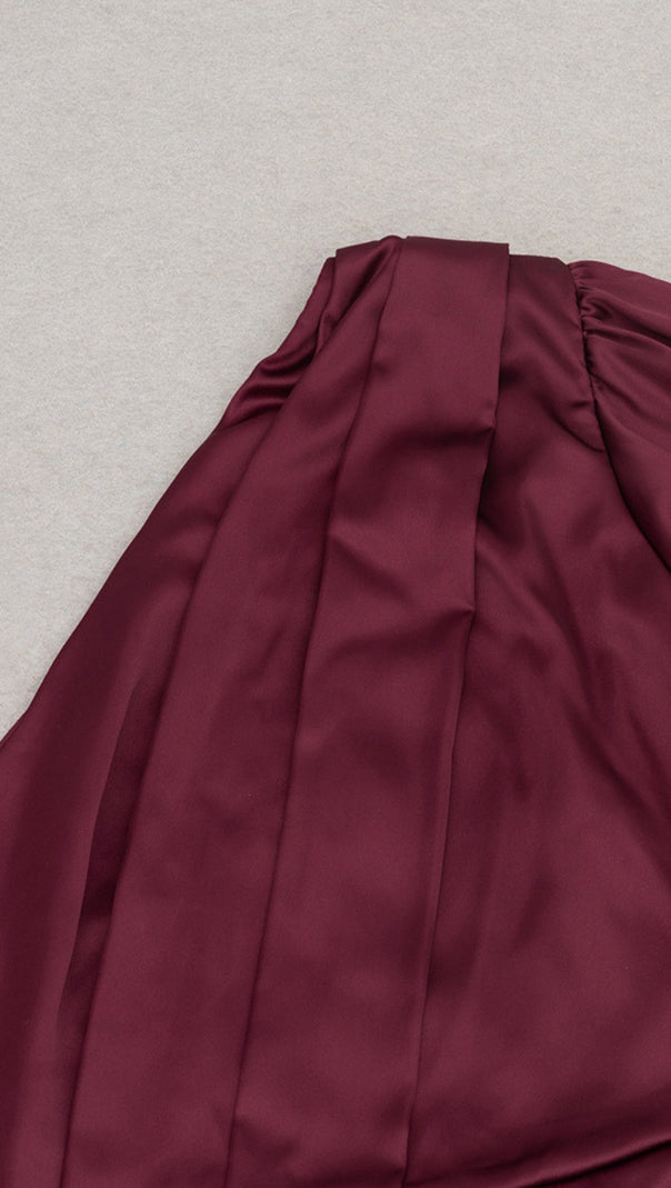 AIIZIE ONE - SHOULDER FRINGE - HEM SATIN MIDI DRESS IN BURGUNDY - product image