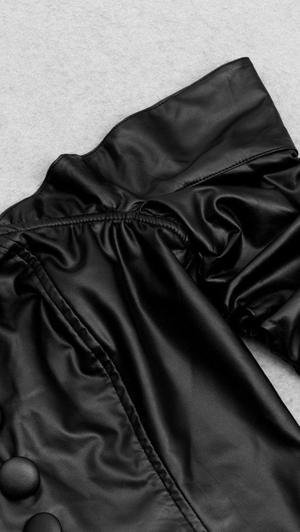 AIIZIE FAUX LEATHER OFF - SHOULDER BUTTONED MAXI DRESS IN BLACK - product image
