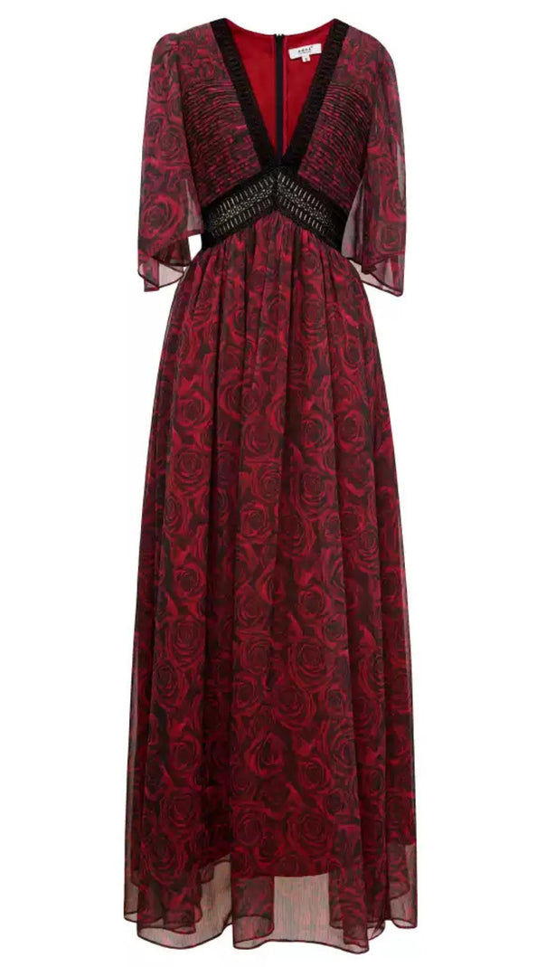 AIIZIE RED PRINTED ROSE V - NECK SHORT - SLEEVE MAXI DRESS - product image