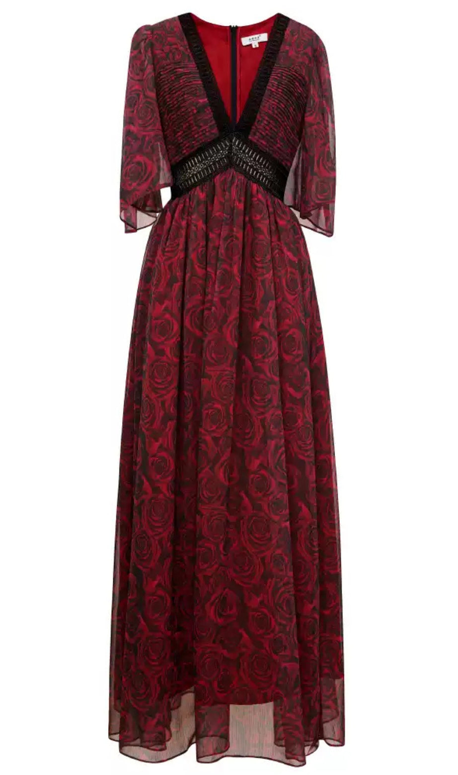 Red Printed Rose V - Neck Short - Sleeve Maxi Dress