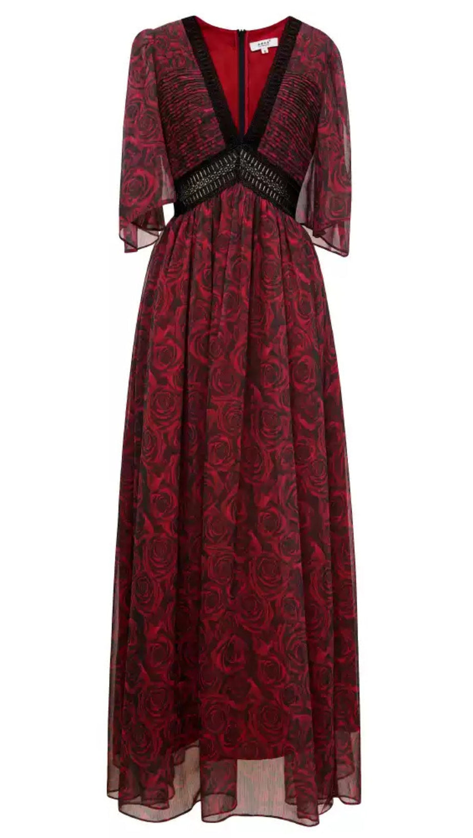 Rotes Maxikleid mit V-Ausschnitt und kurzen Ärmeln und Rosendruck 