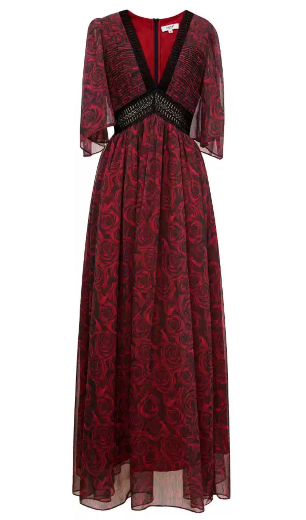 RED PRINTED ROSE V - NECK SHORT - SLEEVE MAXI DRESS