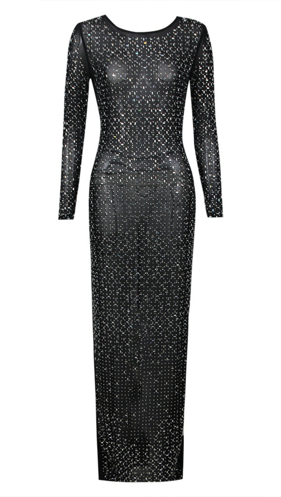 SHEER GLITTER - SPECKLED LONG - SLEEVE MAXI DRESS IN BLACK
