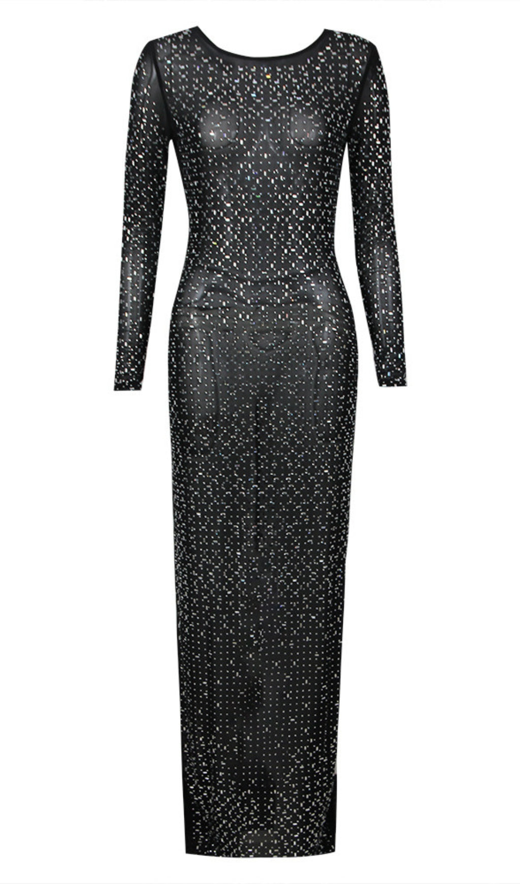 SHEER GLITTER - SPECKLED LONG - SLEEVE MAXI DRESS IN BLACK