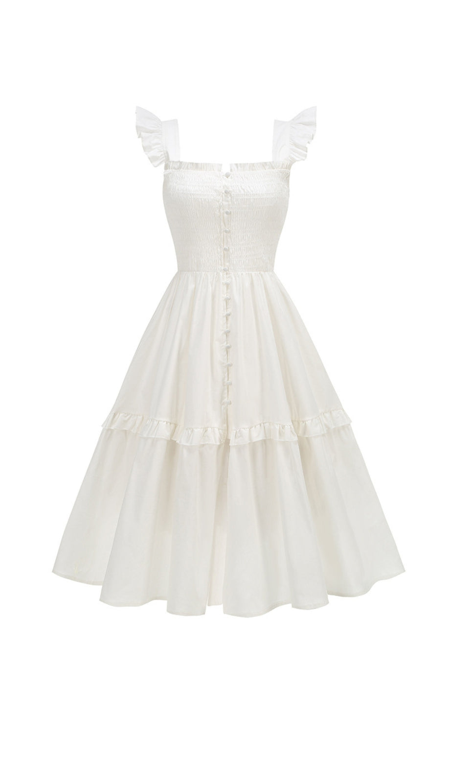 White Floral Ruffled Square Neck Midi Dress