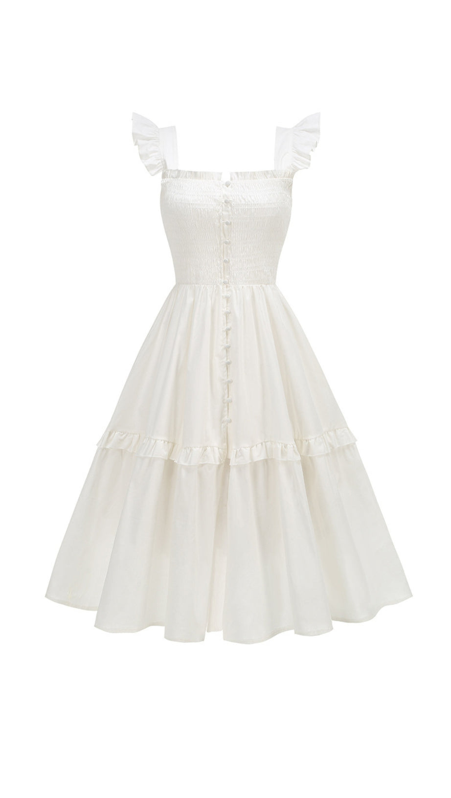 Weißes Midikleid mit Blumenmuster und Rüschen und quadratischem Ausschnitt 