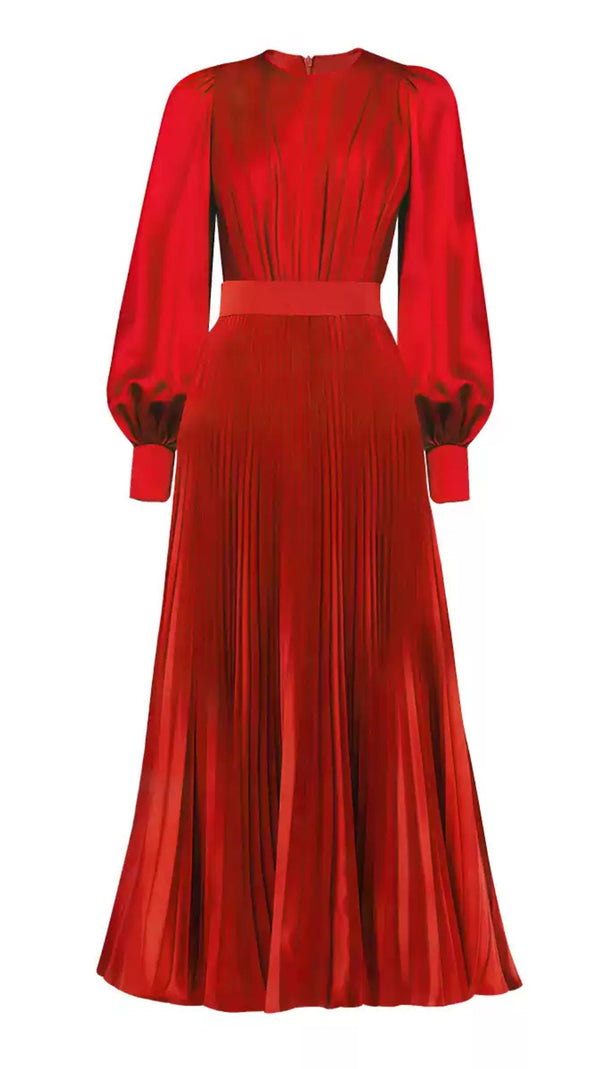 AIIZIE RED PLEATED MIDI DRESS WITH PUFF SLEEVES AND WAISTBAND - product image