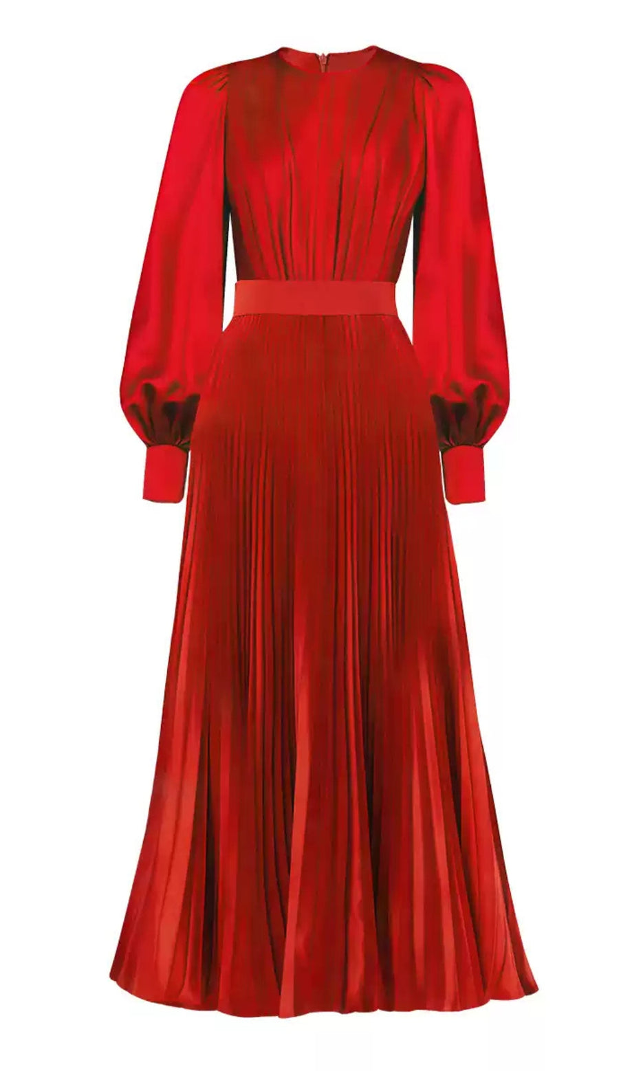Rotes plissiertes Midikleid mit Puffärmeln und Bund 