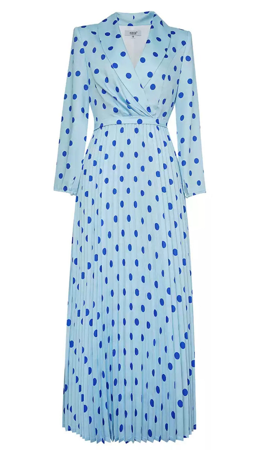 Hellblaues Wickelkleid mit Punkten und Faltenrock 