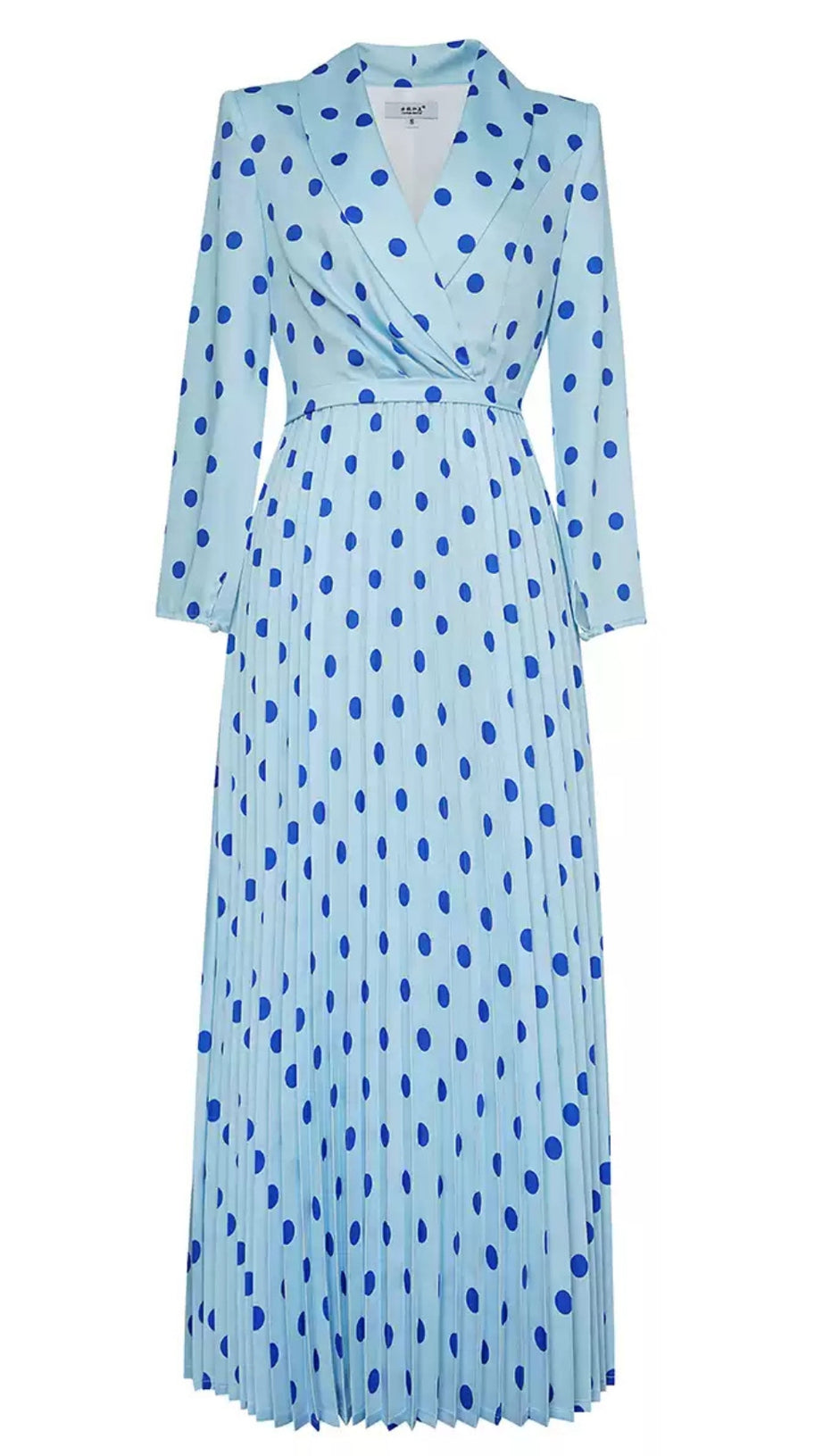 LIGHT BLUE POLKA DOT WRAP DRESS WITH PLEATED SKIRT