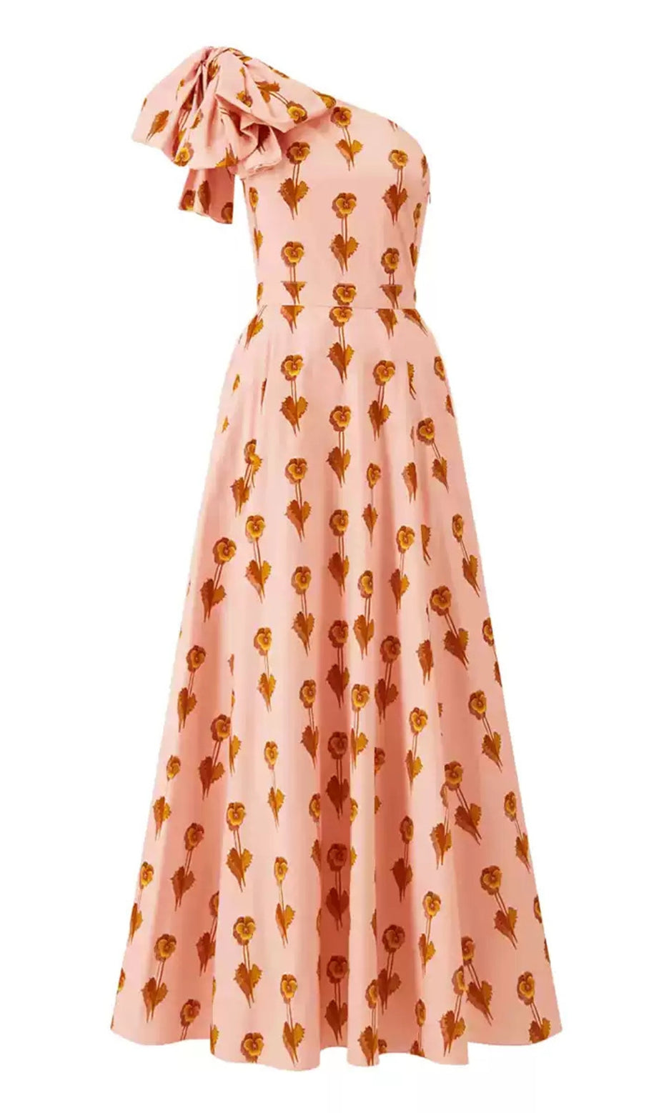 Abito midi rosa monospalla con stampa floreale e fiocco 