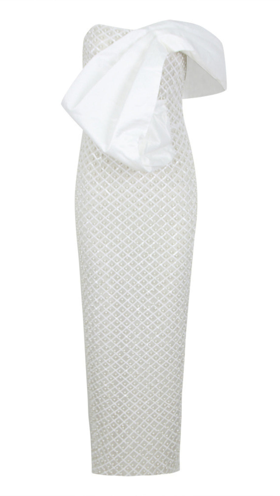 PEARL - EMBELLISHED BOW - ACCENT STRAPLESS MIDI DRESS IN WHITE