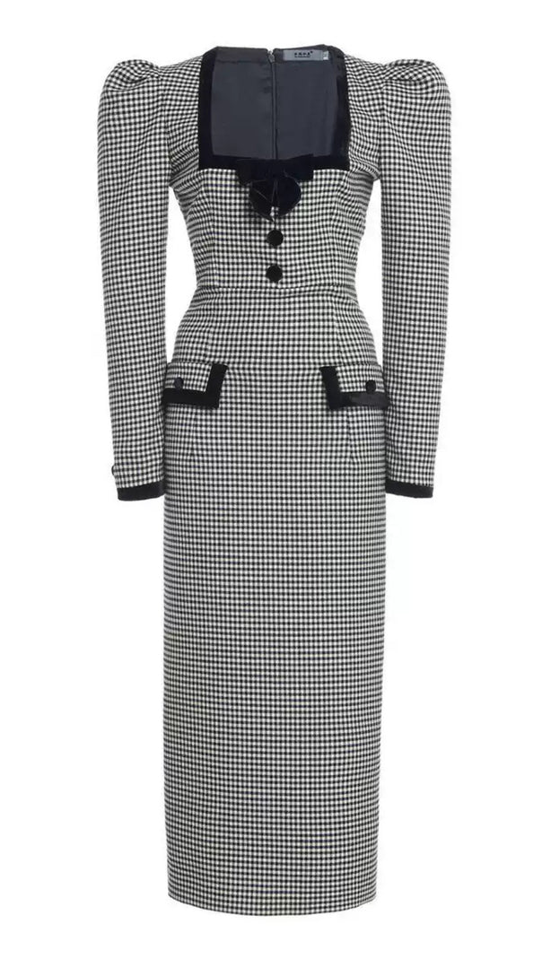 AIIZIE BLACK AND WHITE HOUNDSTOOTH MIDI DRESS WITH PUFF SLEEVES - product image