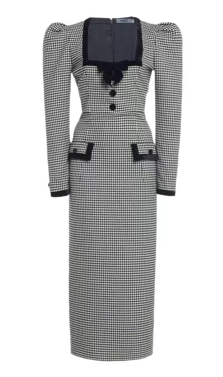Black and White Houndstooth Midi Dress with Puff Sleeves