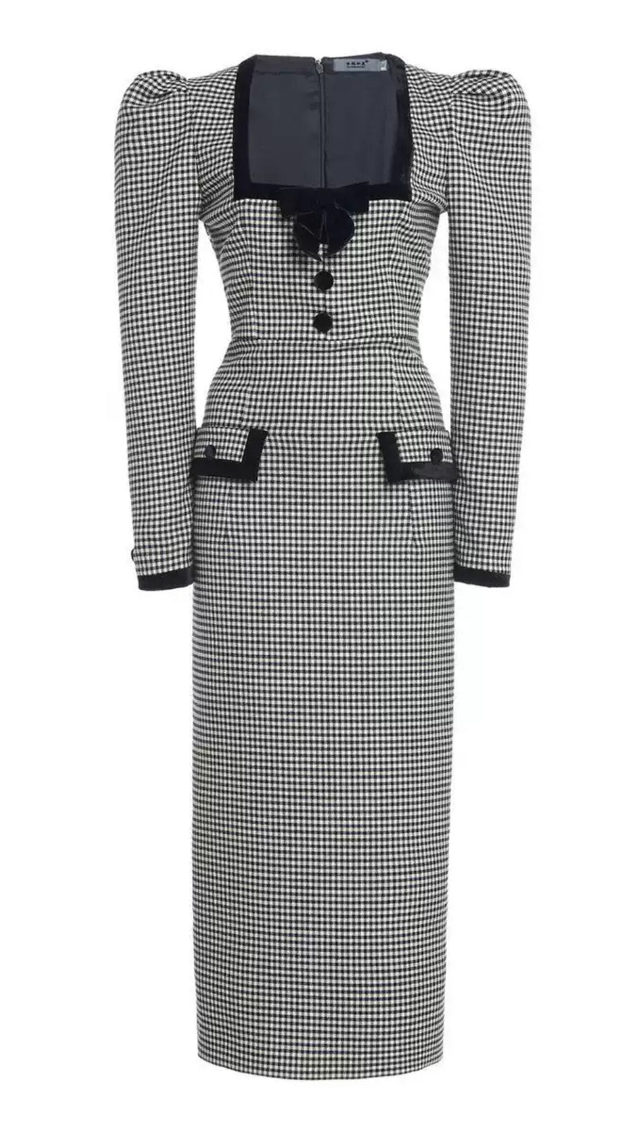 BLACK AND WHITE HOUNDSTOOTH MIDI DRESS WITH PUFF SLEEVES