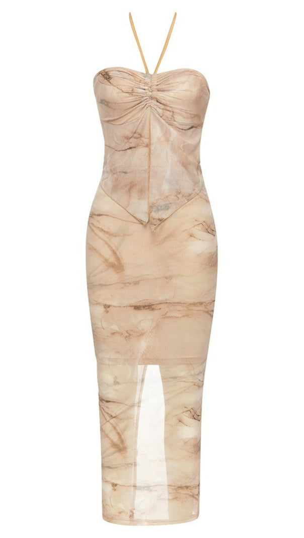 AIIZIE MARBLE - PRINT HALTER - NECK RUCHED MIDI DRESS IN BEIGE - product image