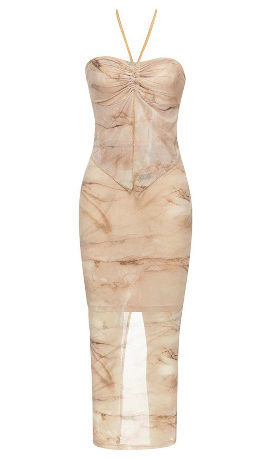 Neckholder-Midikleid mit Marmor-Print und Rüschen in Beige