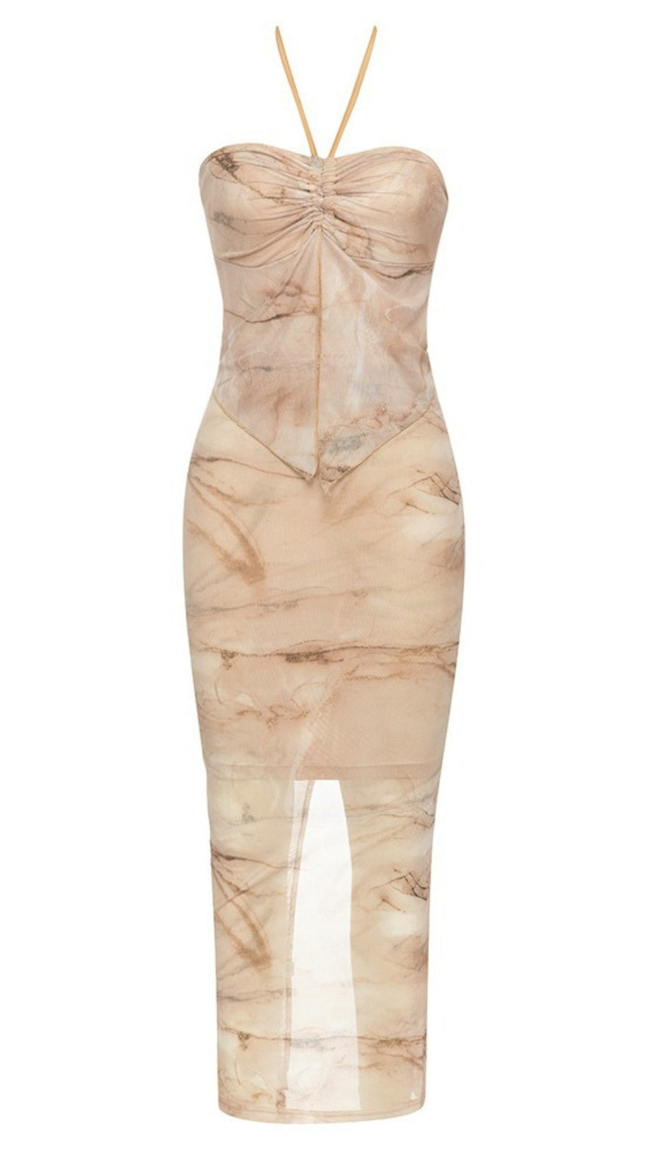 MARBLE - PRINT HALTER - NECK RUCHED MIDI DRESS IN BEIGE