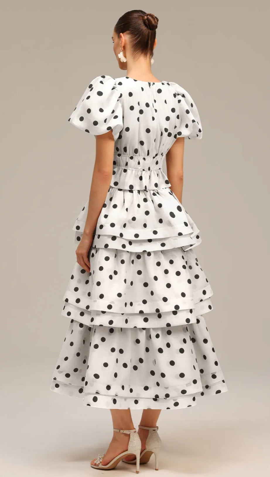 DAMLA WHITE PUFF SLEEVES DOT PRINTED TOP AND SKIRT TWO-PIECE SET