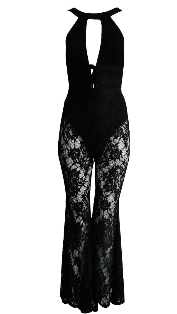 AIIZIE BLACK HALTER NECK LACE JUMPSUIT - product image