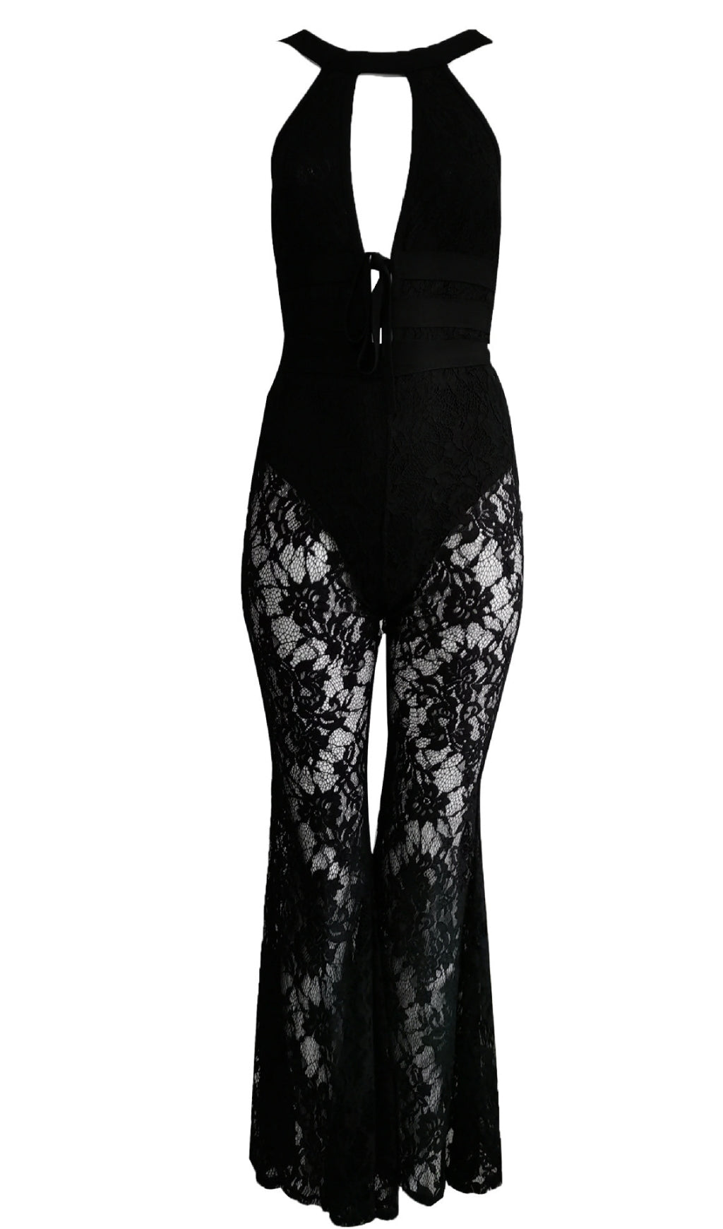 BLACK HALTER NECK LACE JUMPSUIT