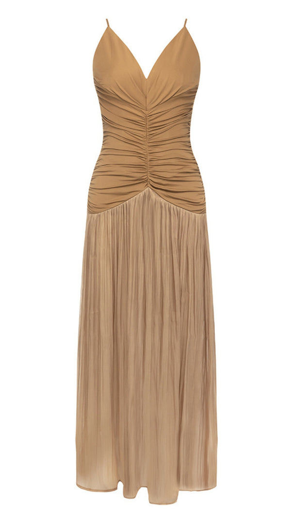 AIIZIE BROWN STRAPLESS DRESS WITH PLEATED PANELS MIDI DRESS - product image