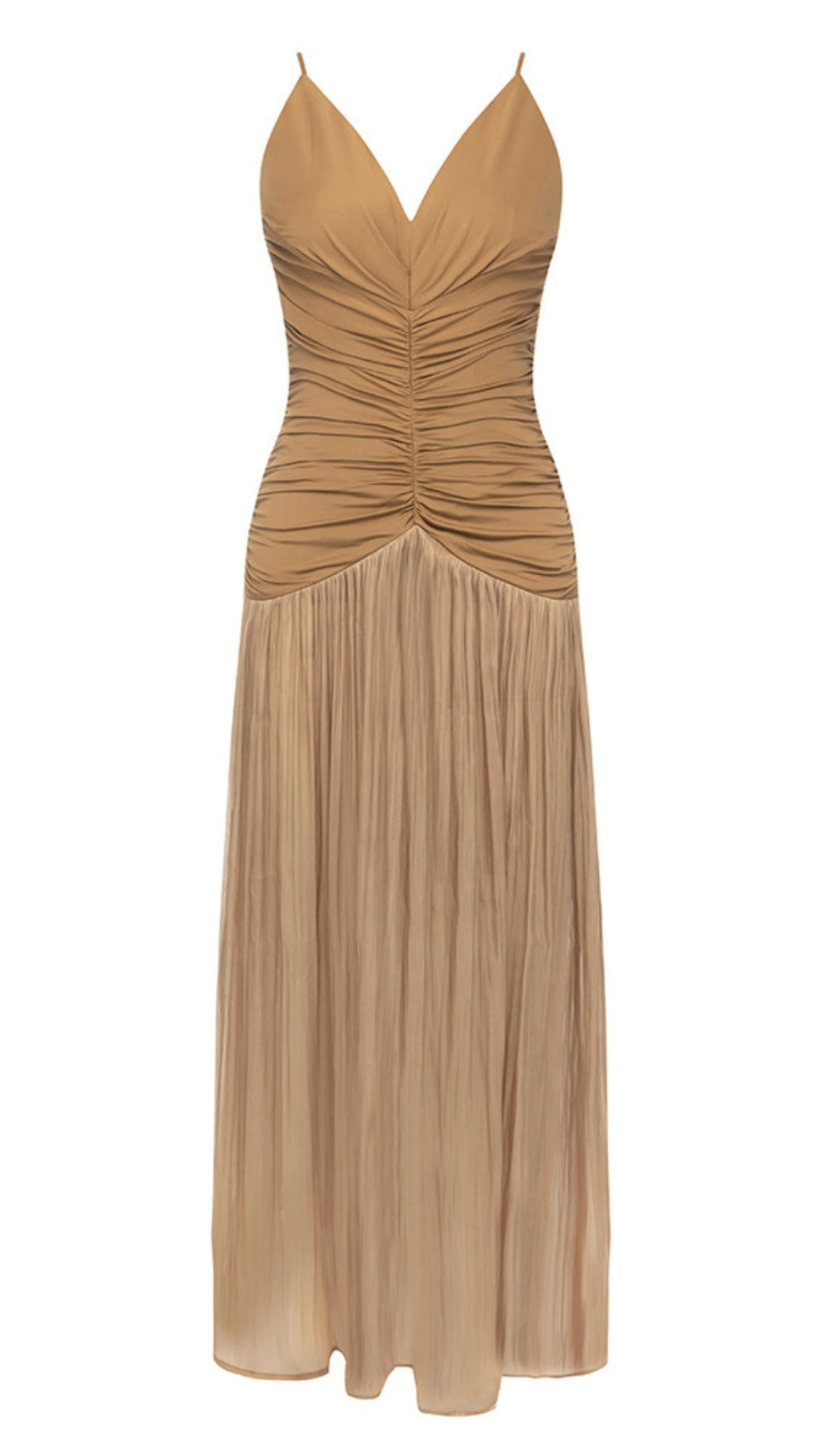 BROWN STRAPLESS DRESS WITH PLEATED PANELS MIDI DRESS