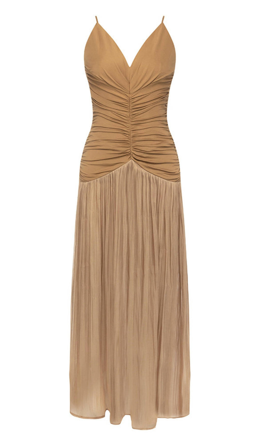 BROWN STRAPLESS DRESS WITH PLEATED PANELS MIDI DRESS