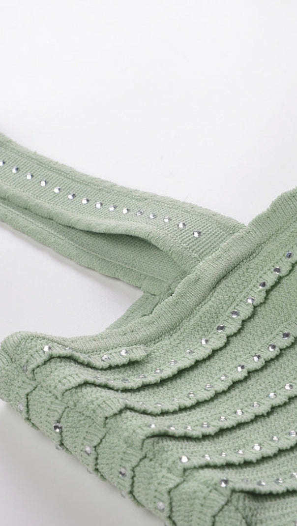 AIIZIE RHINESTONE TRIM KNIT CROP TOP IN ALMOND GREEN - product image
