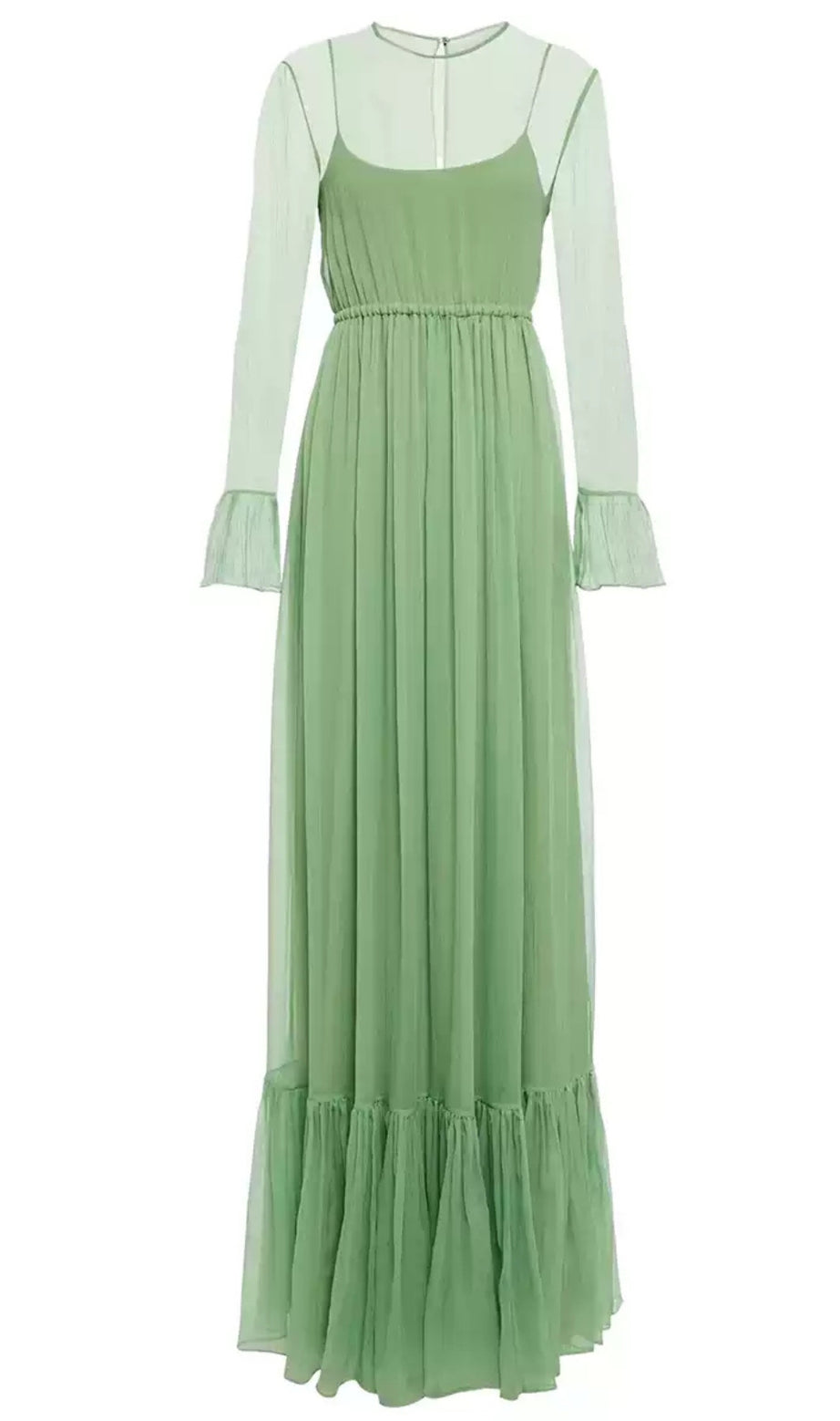 Elegante abito lungo verde con maniche lunghe trasparenti 