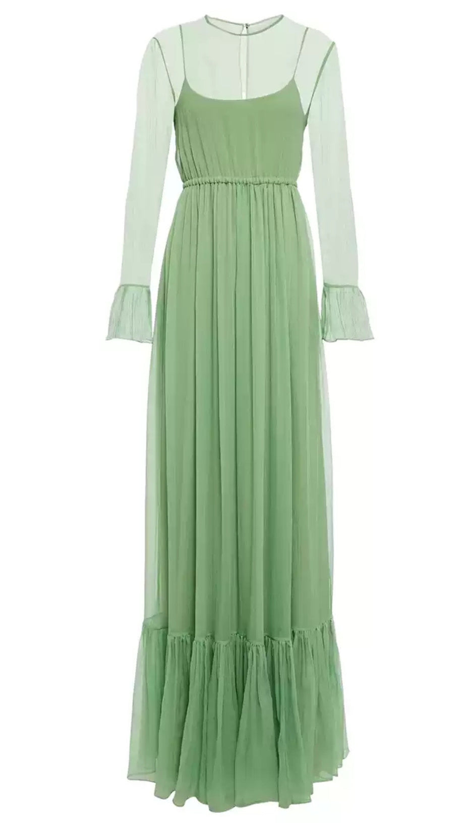 ELEGANT GREEN MAXI DRESS WITH SHEER LONG SLEEVES