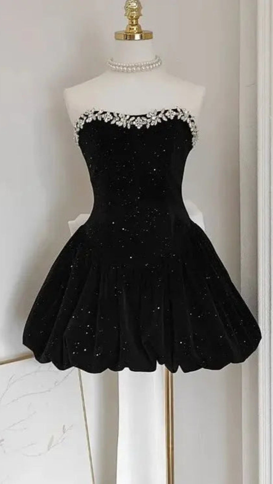 ZAAHIR RHINESTONE BOW SEQUIN STRAPLESS MINI DRESS