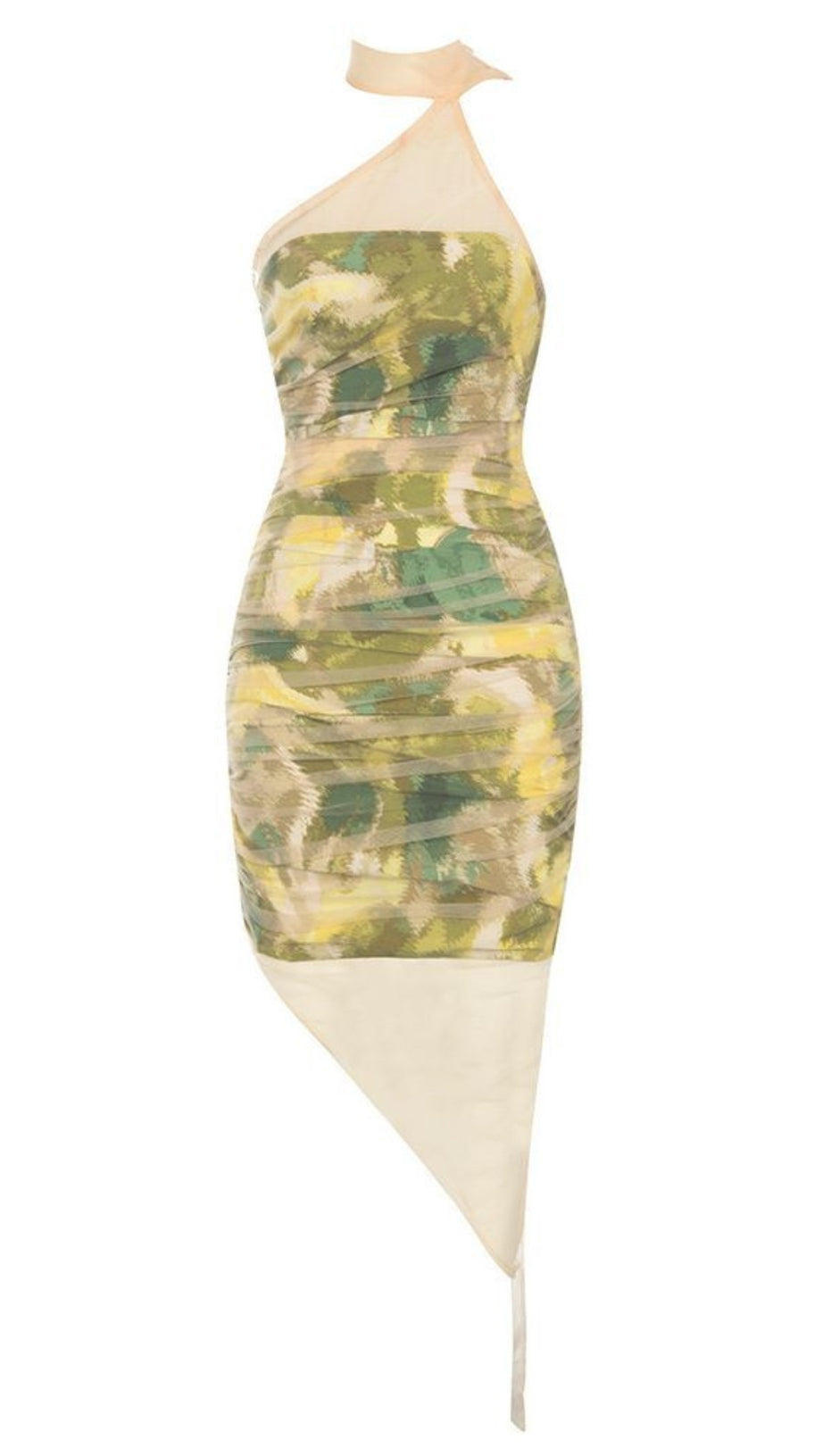 PRINTED MESH HALTER NECK ASYMMETRIC MIDI DRESS