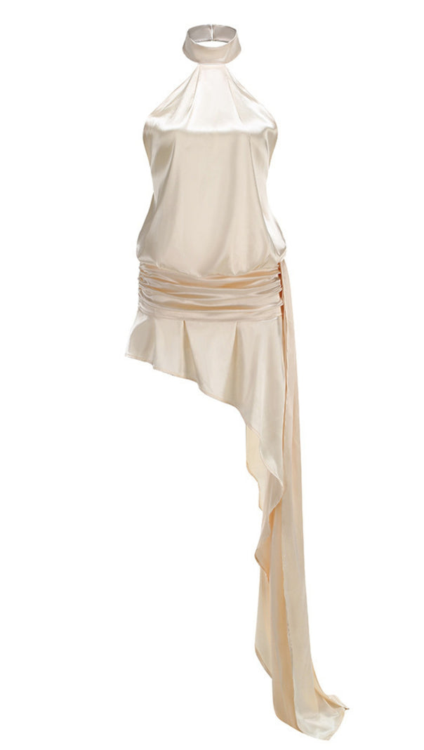 AIIZIE BEIGE HALTER NECK ASYMMETRIC SATIN DRESS - product image