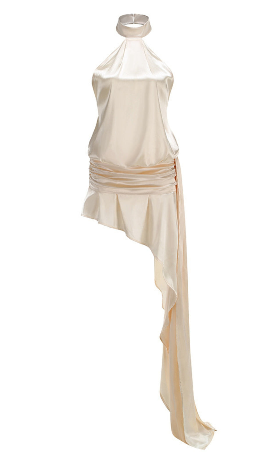 Abito asimmetrico in raso beige con scollo all'americana 