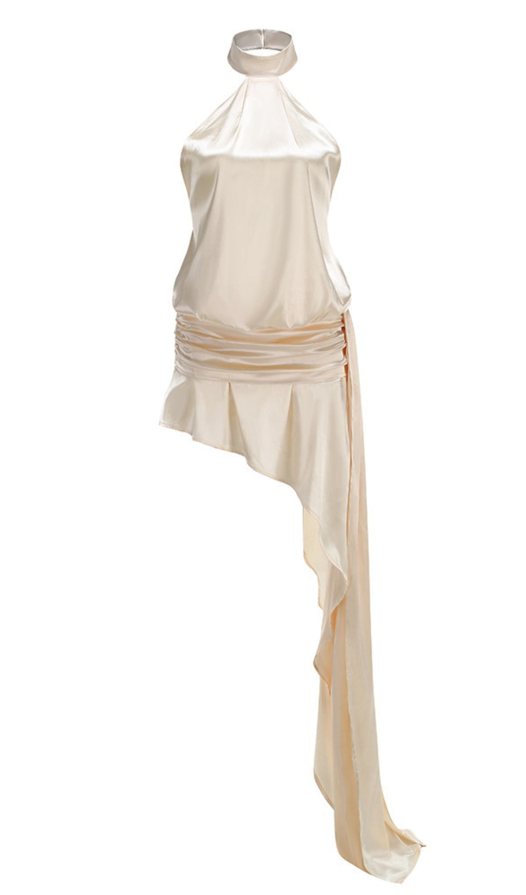 Beiges Neckholder-Kleid aus asymmetrischem Satin 
