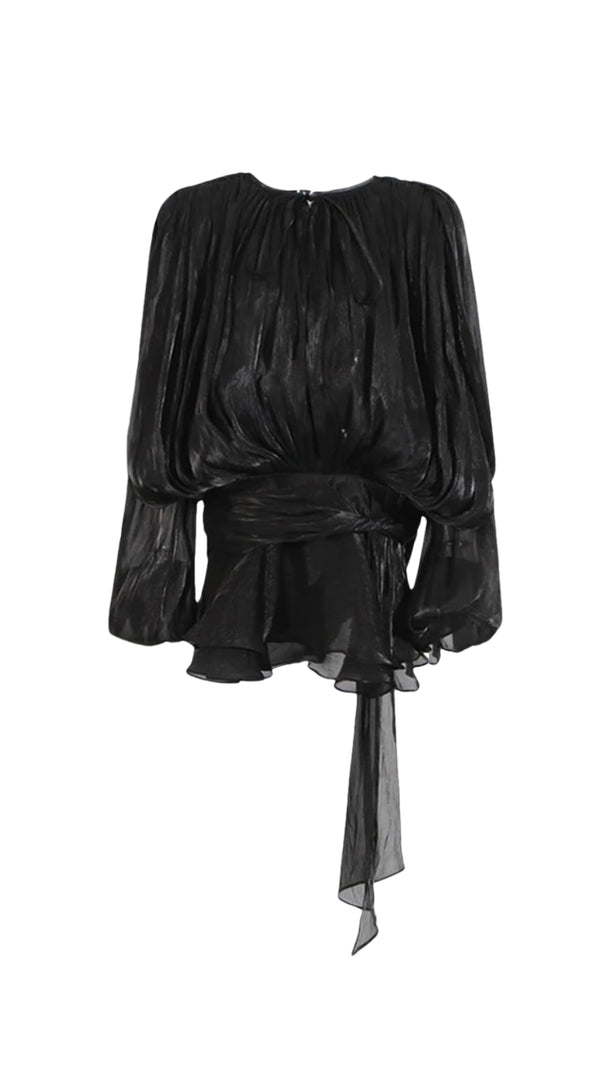 AIIZIE HERMOSA BALLOON SLEEVE RUCH RUFFLE MINI DRESS IN BLACK - product image